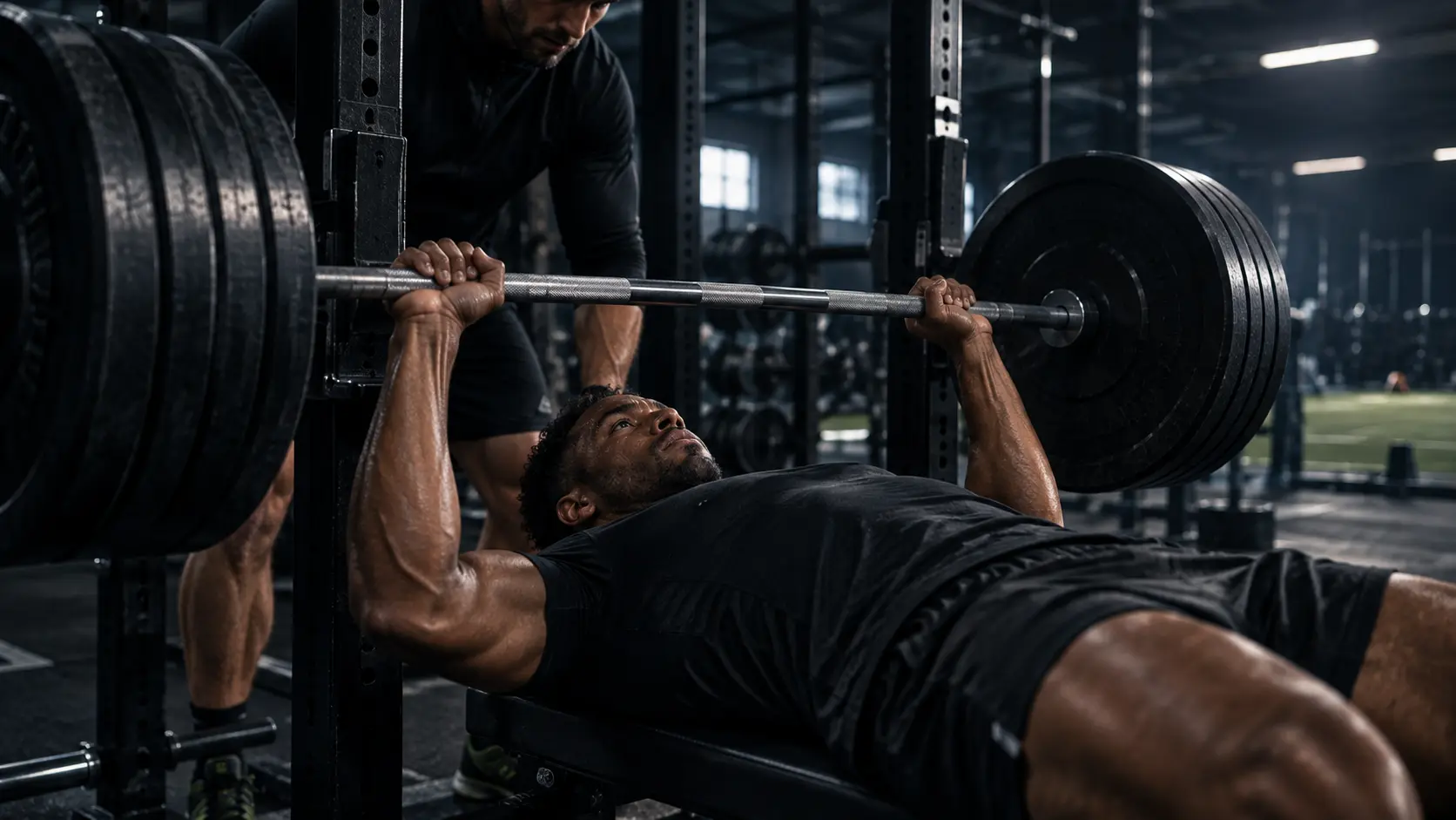 An athlete resting after a heavy bench press before an explosive power movement, representing complex training research in rugby and sprinting.