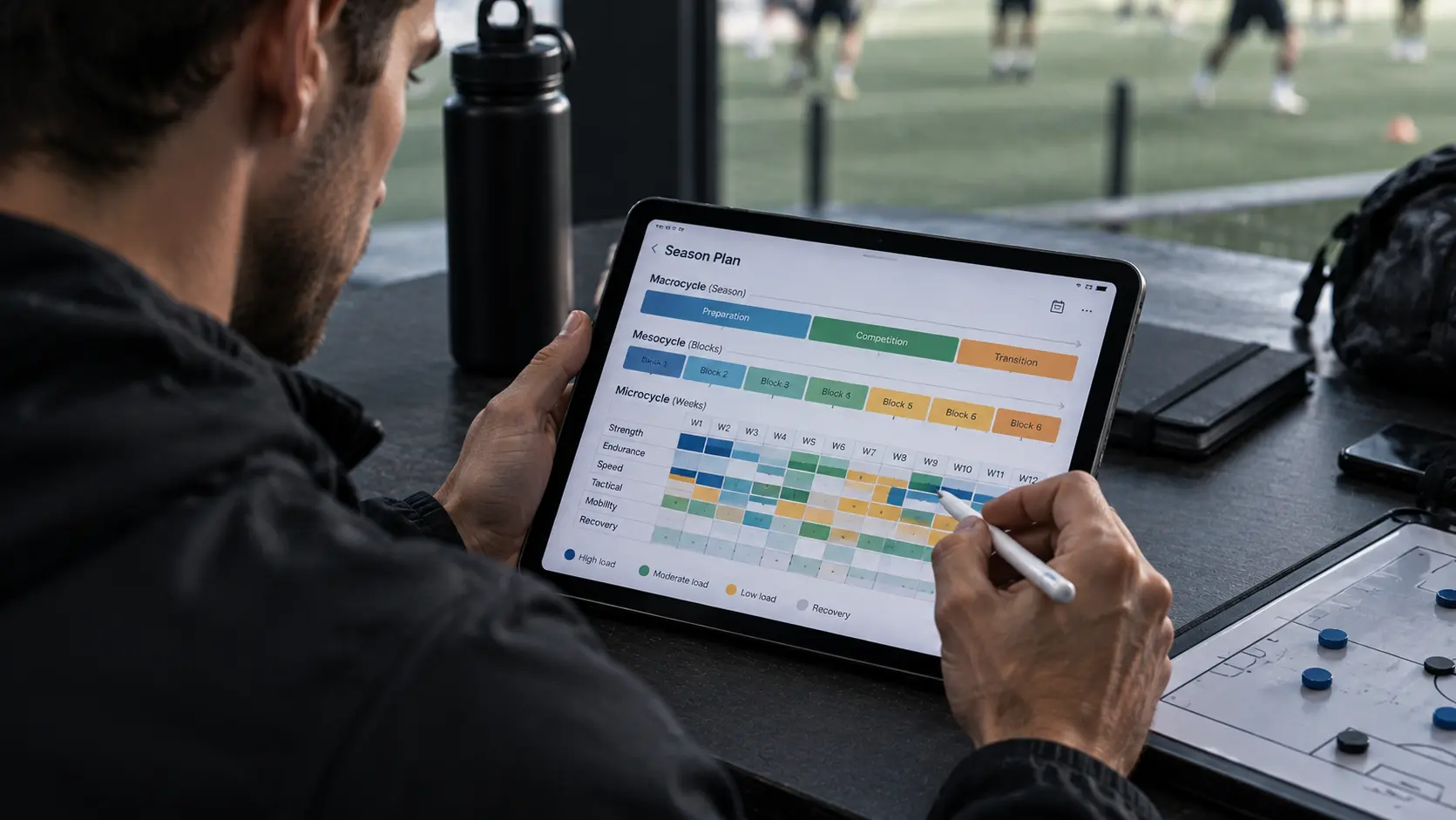 A coach marking phases and training blocks on a season calendar, representing the macrocycle, mesocycle and microcycle.