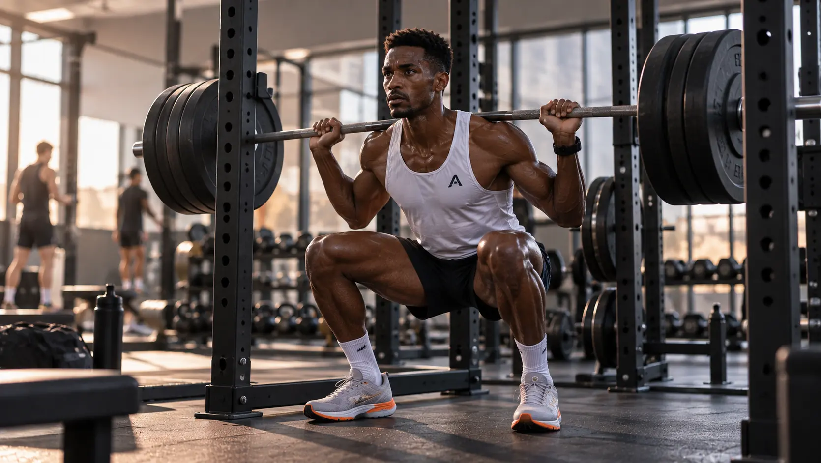 A distance runner doing a heavy squat in a gym, representing strength training for endurance athletes.