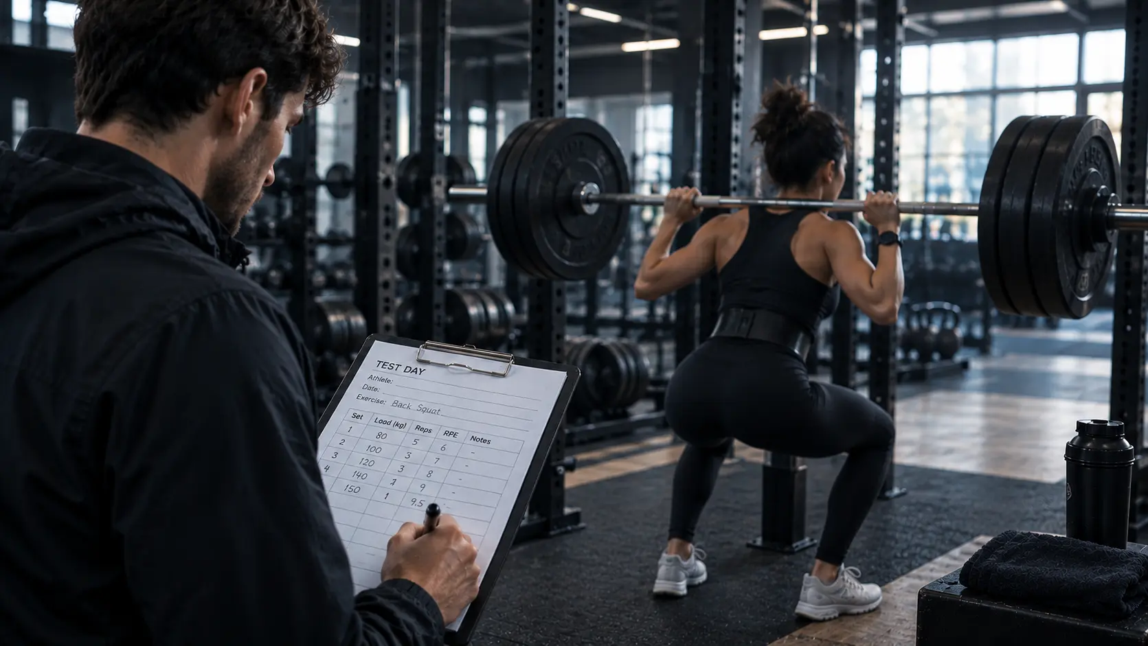 A coach recording an athlete's squat result on a clipboard during a test day, representing testing in periodization.